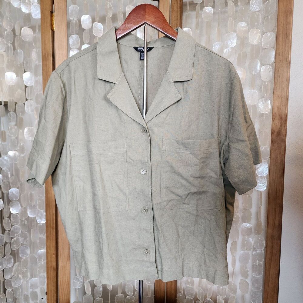 Buffalo David Bitton Blouse L Green Linen Blend Button Up Short Sleeve Crop Boxy